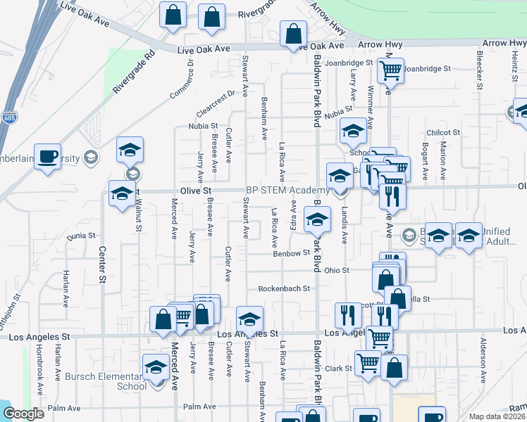 map of restaurants, bars, coffee shops, grocery stores, and more near 4718 La Rica Avenue in Baldwin Park