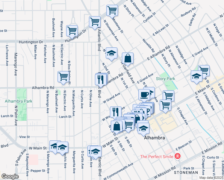 map of restaurants, bars, coffee shops, grocery stores, and more near 217 West Grand Avenue in Alhambra