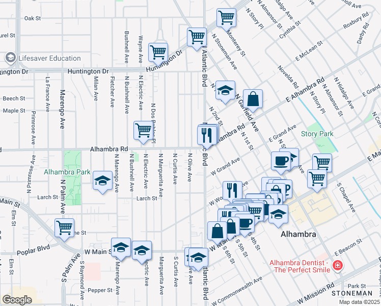 map of restaurants, bars, coffee shops, grocery stores, and more near 508 North Olive Avenue in Alhambra