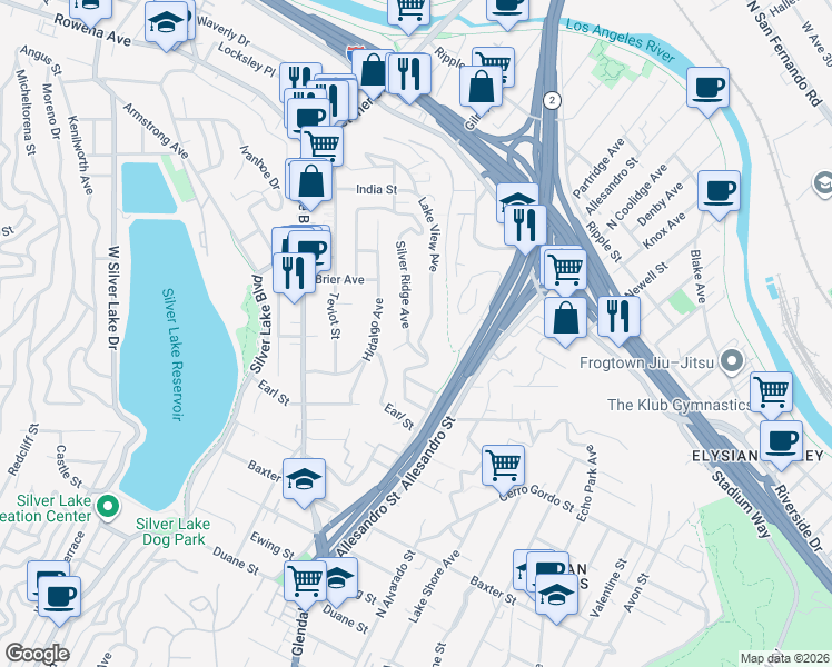 map of restaurants, bars, coffee shops, grocery stores, and more near 2314 Silver Ridge Way in Los Angeles
