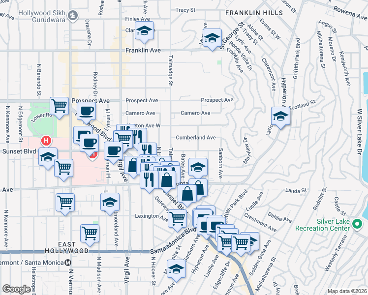 map of restaurants, bars, coffee shops, grocery stores, and more near 4224 Sunset Drive in Los Angeles