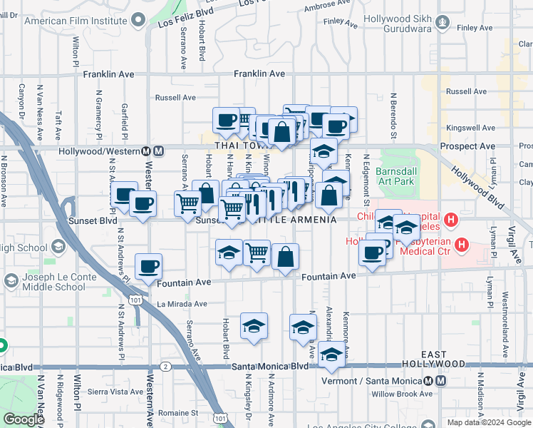 map of restaurants, bars, coffee shops, grocery stores, and more near 5140 Sunset Boulevard in Los Angeles