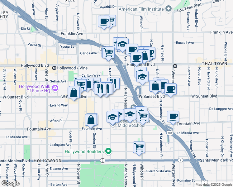 map of restaurants, bars, coffee shops, grocery stores, and more near 5831 Sunset Boulevard in Los Angeles
