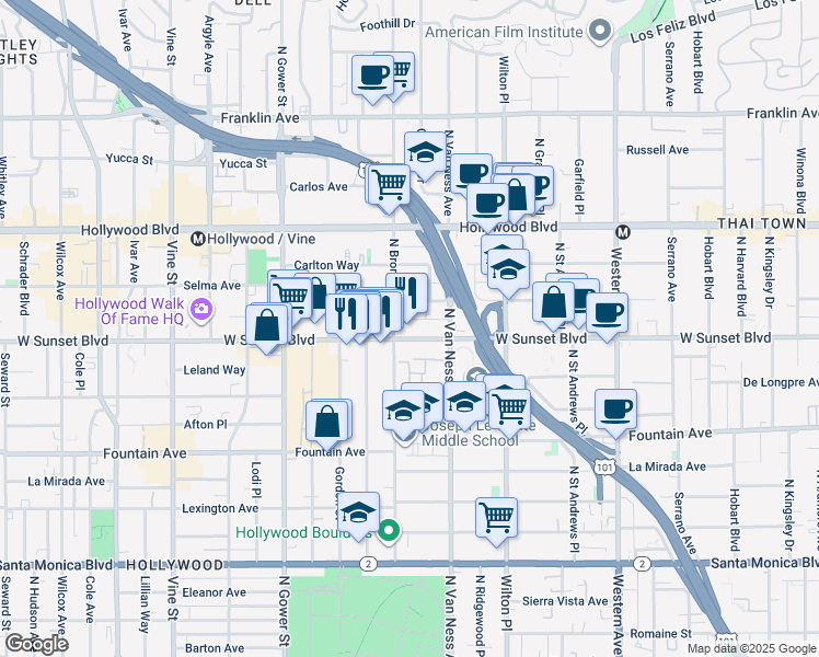 map of restaurants, bars, coffee shops, grocery stores, and more near 5831 Sunset Boulevard in Los Angeles