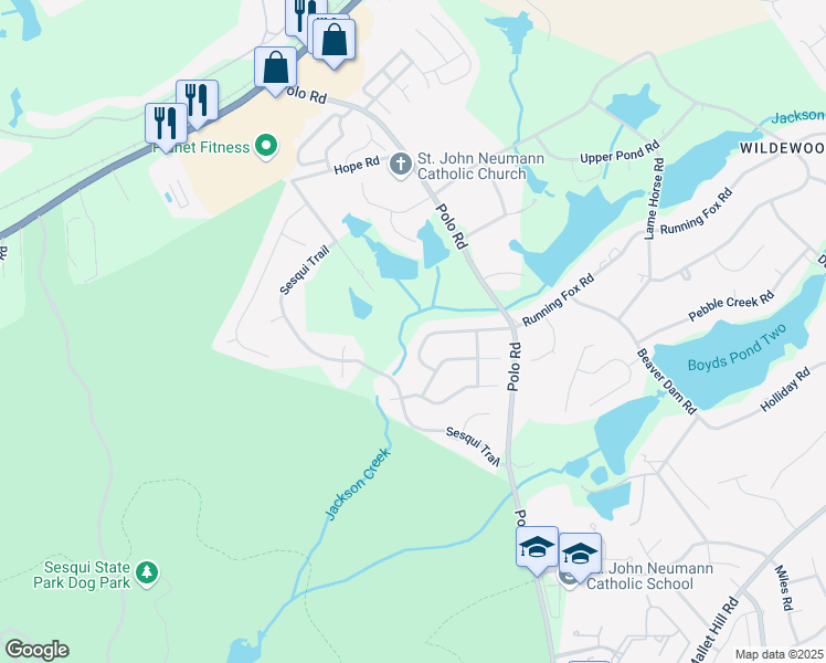 map of restaurants, bars, coffee shops, grocery stores, and more near 447 Running Fox Road West in Columbia
