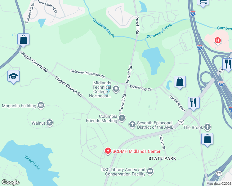 map of restaurants, bars, coffee shops, grocery stores, and more near 151 Powell Road in Columbia