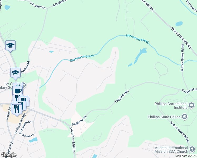 map of restaurants, bars, coffee shops, grocery stores, and more near 3416 Haddon Hall Court in Buford