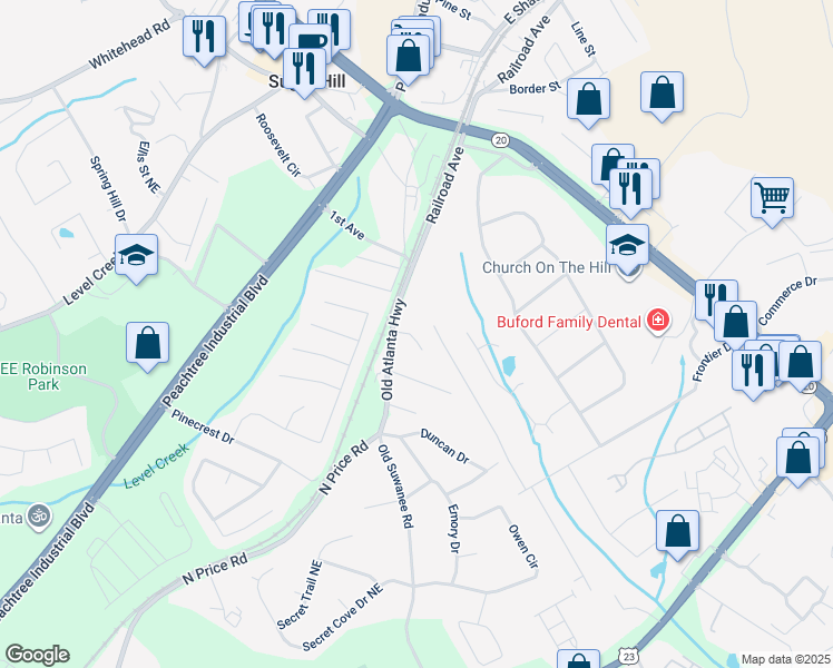 map of restaurants, bars, coffee shops, grocery stores, and more near 1177 Old Atlanta Highway in Buford