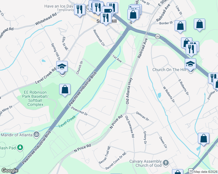 map of restaurants, bars, coffee shops, grocery stores, and more near 4656 Pine Acre Circle in Sugar Hill
