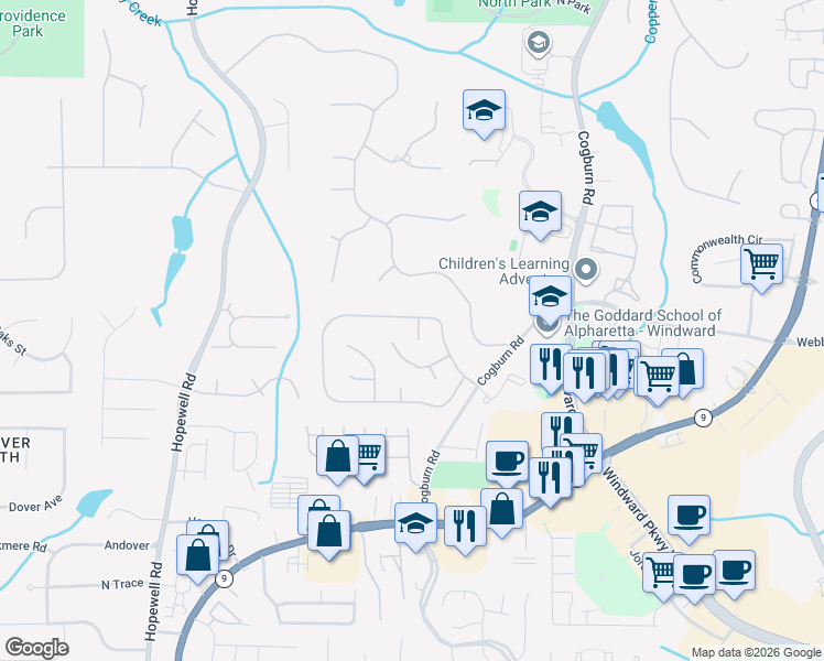 map of restaurants, bars, coffee shops, grocery stores, and more near 615 Christer Court in Alpharetta