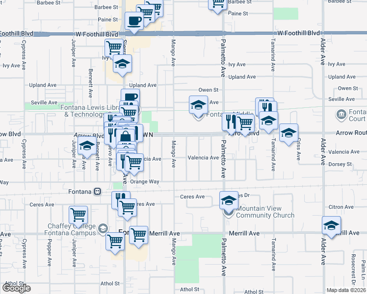 map of restaurants, bars, coffee shops, grocery stores, and more near 8548 Kempster Avenue in Fontana