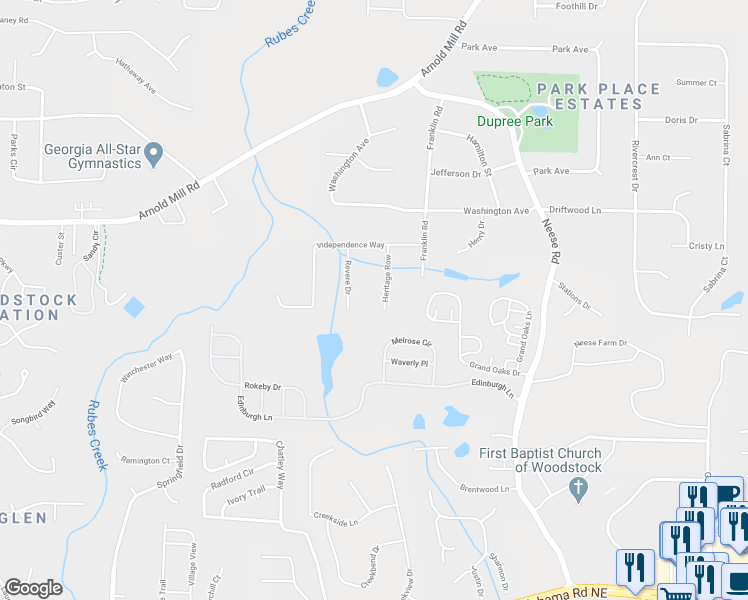 map of restaurants, bars, coffee shops, grocery stores, and more near 410 Heritage Row in Woodstock
