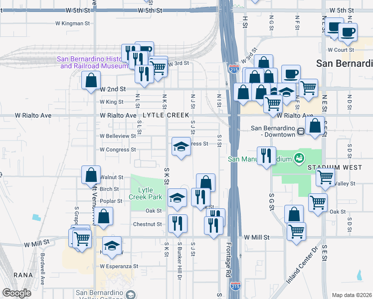 map of restaurants, bars, coffee shops, grocery stores, and more near 1023 West Congress Street in San Bernardino