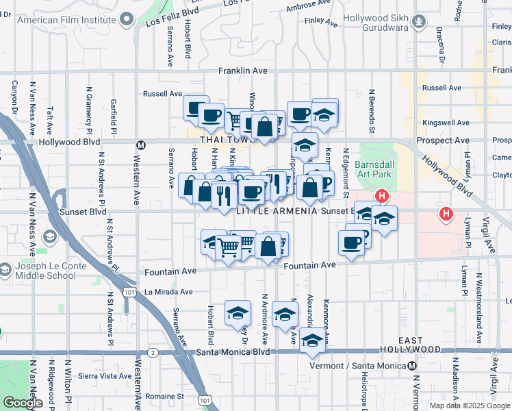 map of restaurants, bars, coffee shops, grocery stores, and more near 5133 West Sunset Boulevard in Los Angeles