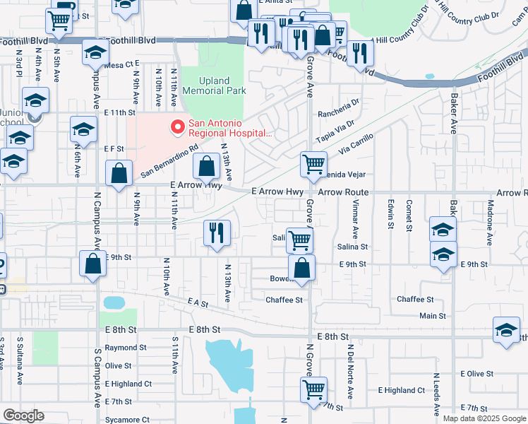 map of restaurants, bars, coffee shops, grocery stores, and more near 459 Meyer Place in Upland