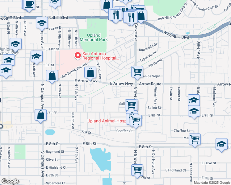 map of restaurants, bars, coffee shops, grocery stores, and more near 459 Meyer Place in Upland