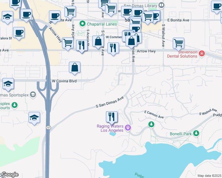 map of restaurants, bars, coffee shops, grocery stores, and more near 372 West Vía Vaquero in San Dimas