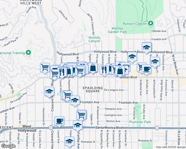 map of restaurants, bars, coffee shops, grocery stores, and more near in Los Angeles