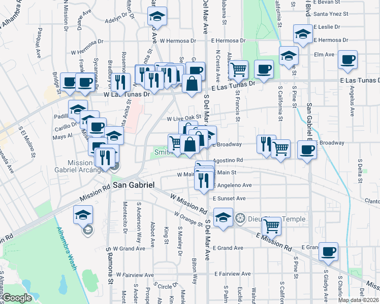 map of restaurants, bars, coffee shops, grocery stores, and more near 311 South San Marino Avenue in San Gabriel