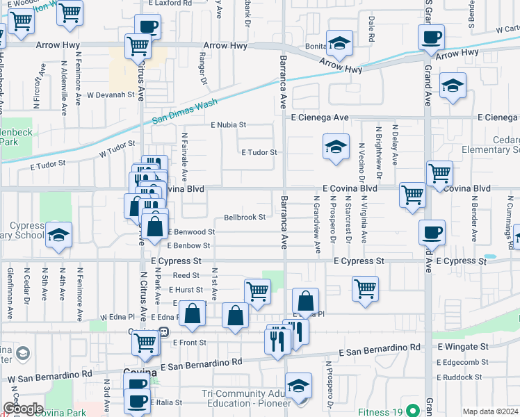 map of restaurants, bars, coffee shops, grocery stores, and more near 426 East Brookport Street in Covina
