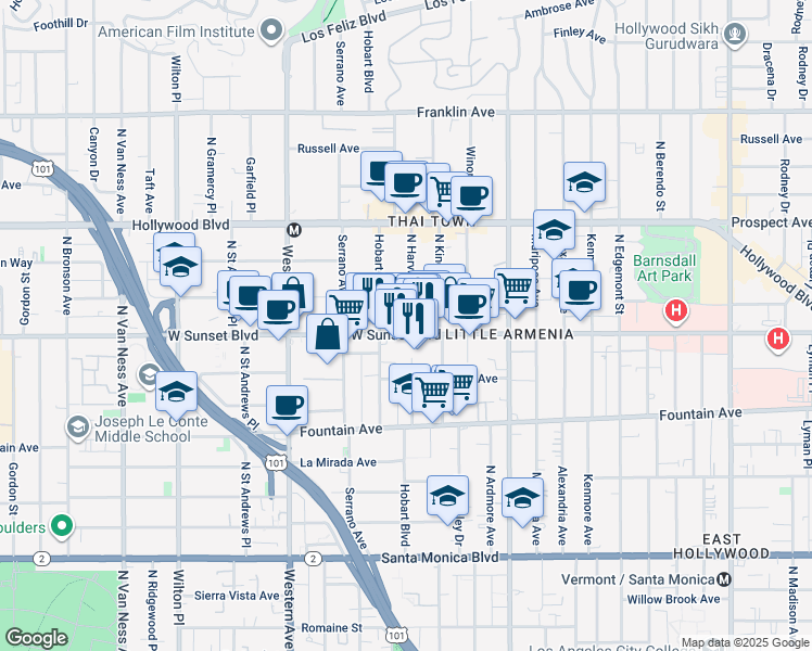 map of restaurants, bars, coffee shops, grocery stores, and more near 5270 Sunset Boulevard in Los Angeles