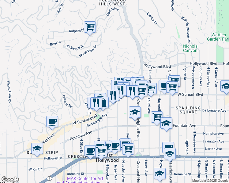 map of restaurants, bars, coffee shops, grocery stores, and more near 8249 Marmont Lane in West Hollywood