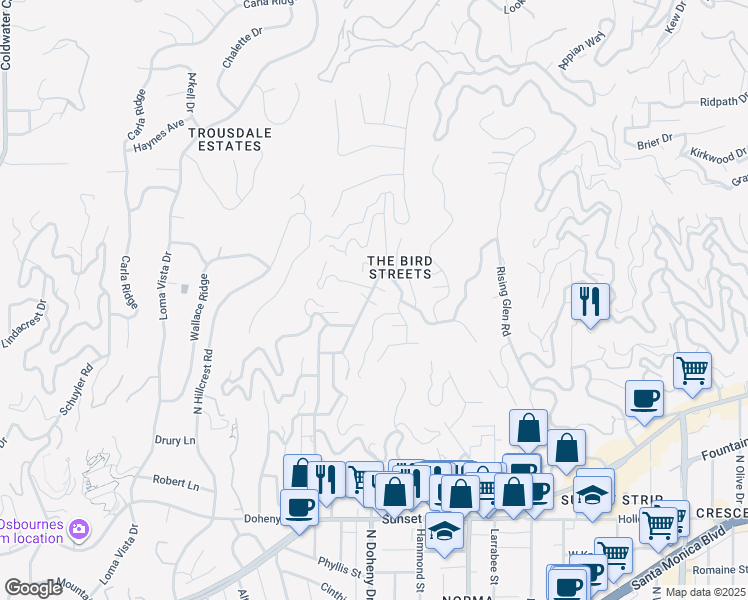 map of restaurants, bars, coffee shops, grocery stores, and more near 9155 Warbler Place in Los Angeles