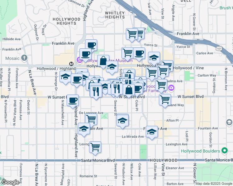 map of restaurants, bars, coffee shops, grocery stores, and more near 6611 Sunset Boulevard in Los Angeles