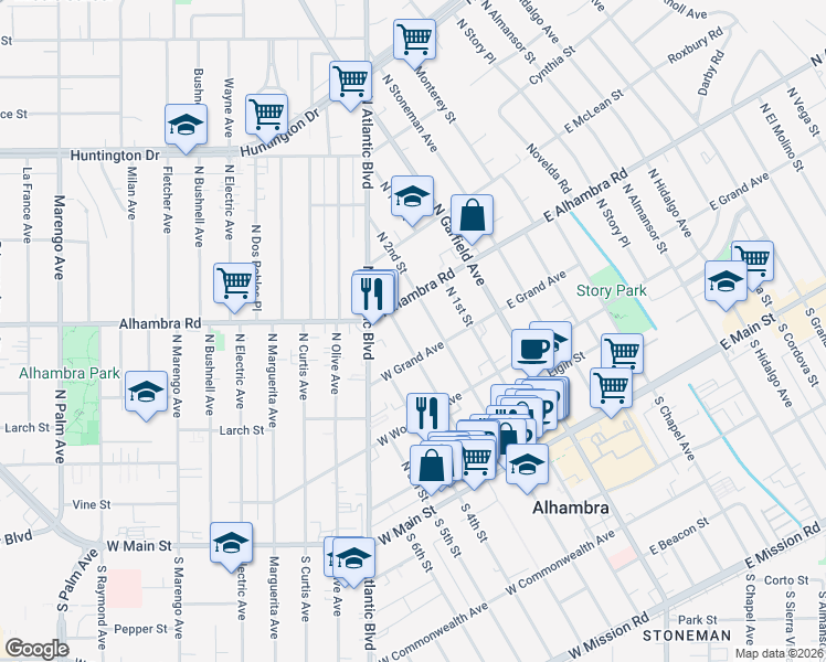 map of restaurants, bars, coffee shops, grocery stores, and more near 420 North 3rd Street in Alhambra
