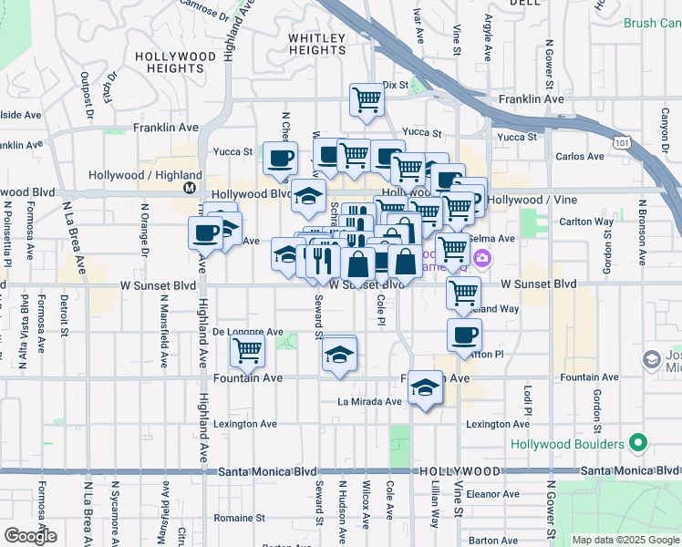 map of restaurants, bars, coffee shops, grocery stores, and more near 6527 Sunset Boulevard in Los Angeles