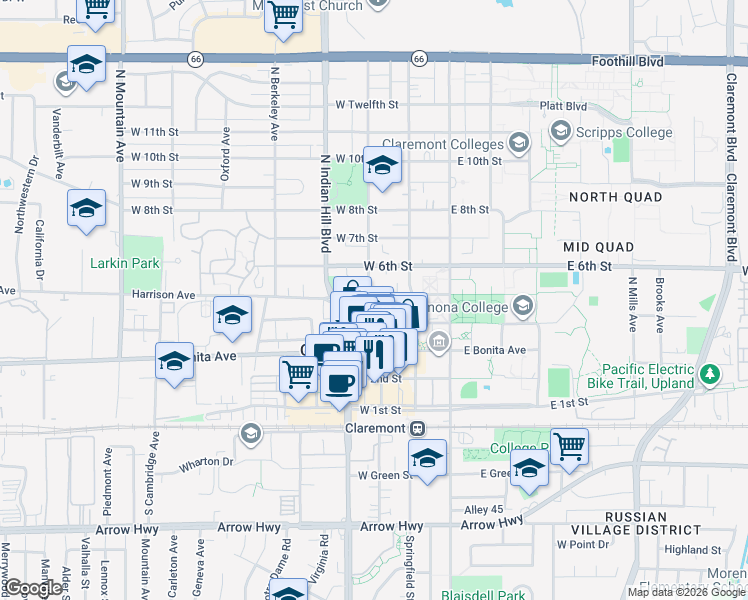 map of restaurants, bars, coffee shops, grocery stores, and more near 443 North Yale Avenue in Claremont
