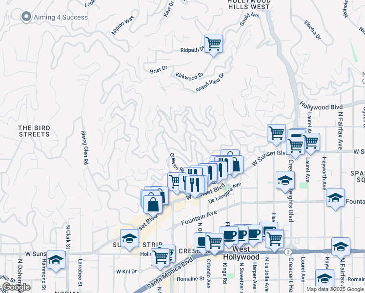 map of restaurants, bars, coffee shops, grocery stores, and more near 8546 Hollywood Boulevard in Los Angeles