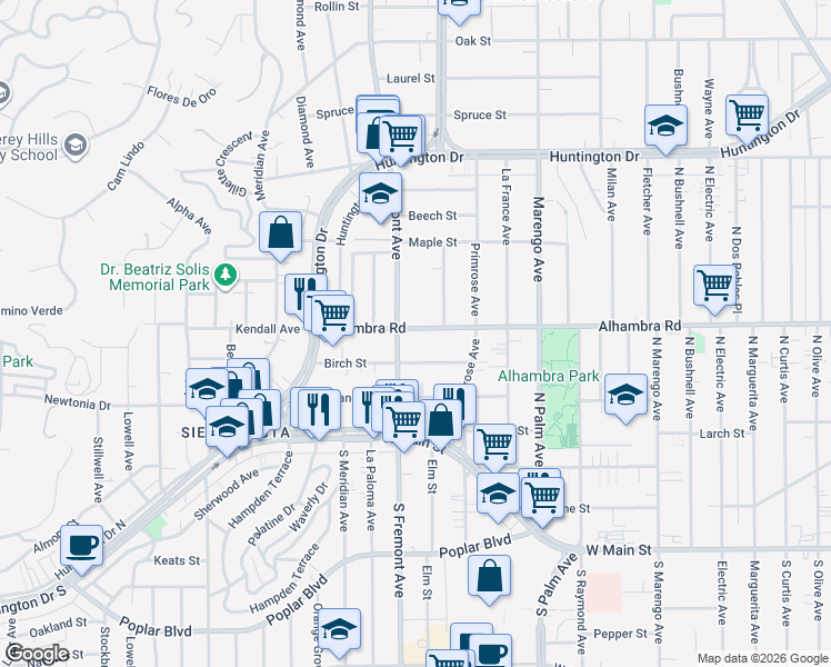 map of restaurants, bars, coffee shops, grocery stores, and more near 2512 Alhambra Road in Alhambra