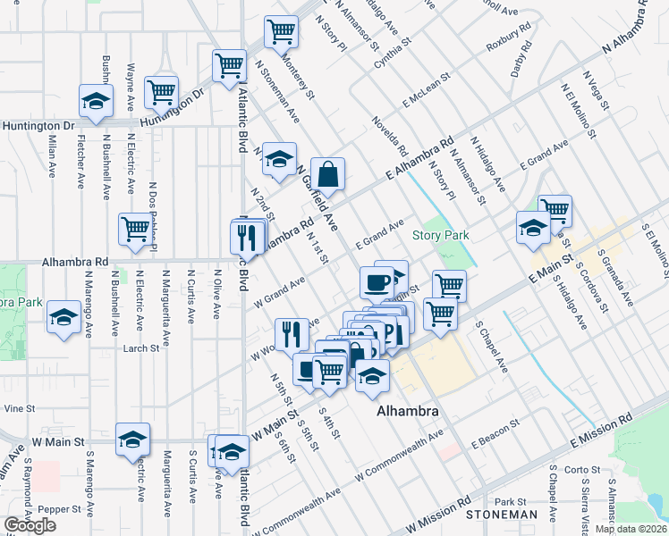 map of restaurants, bars, coffee shops, grocery stores, and more near 112 West Grand Avenue in Alhambra