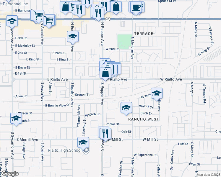 map of restaurants, bars, coffee shops, grocery stores, and more near 2865 West Rialto Avenue in Rialto