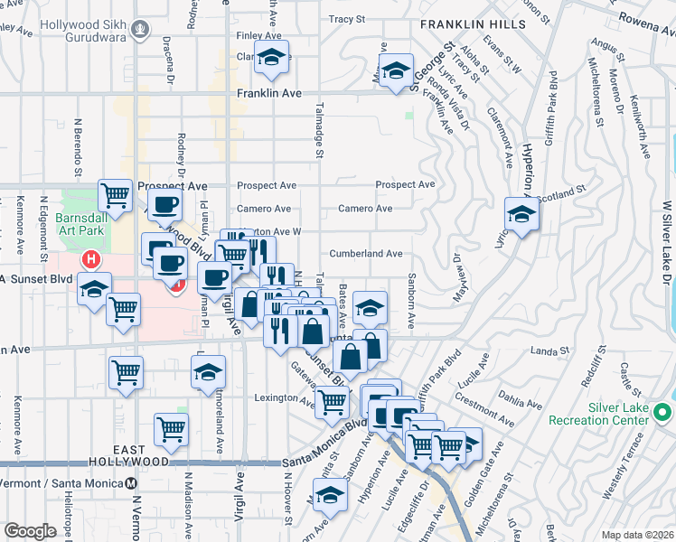 map of restaurants, bars, coffee shops, grocery stores, and more near 4203 Sunset Drive in Los Angeles