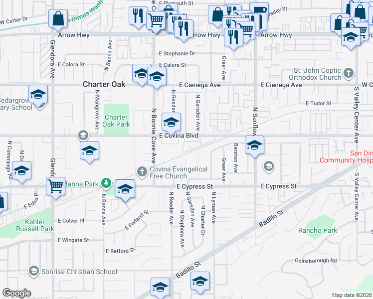 map of restaurants, bars, coffee shops, grocery stores, and more near 1934 East Covina Boulevard in Covina