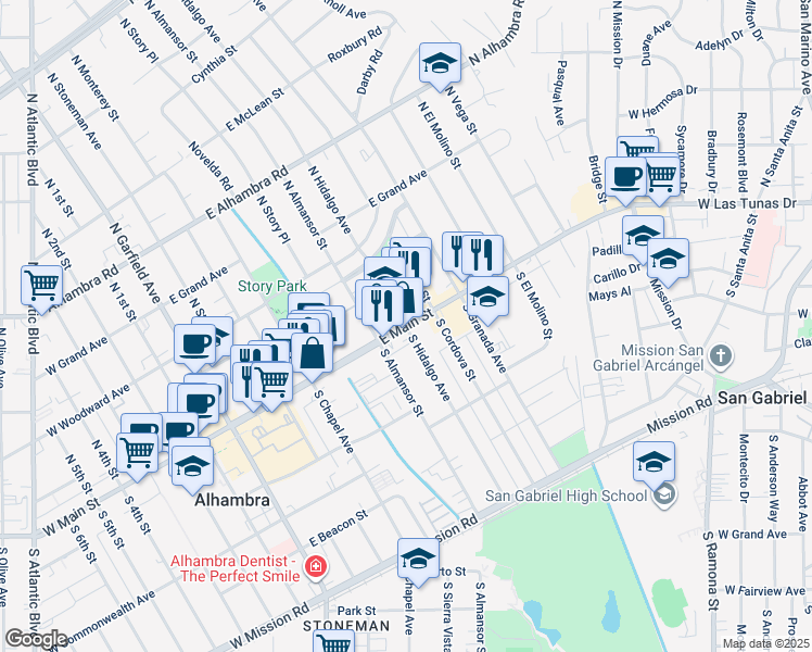 map of restaurants, bars, coffee shops, grocery stores, and more near East Main Street & South Hidalgo Avenue in Alhambra