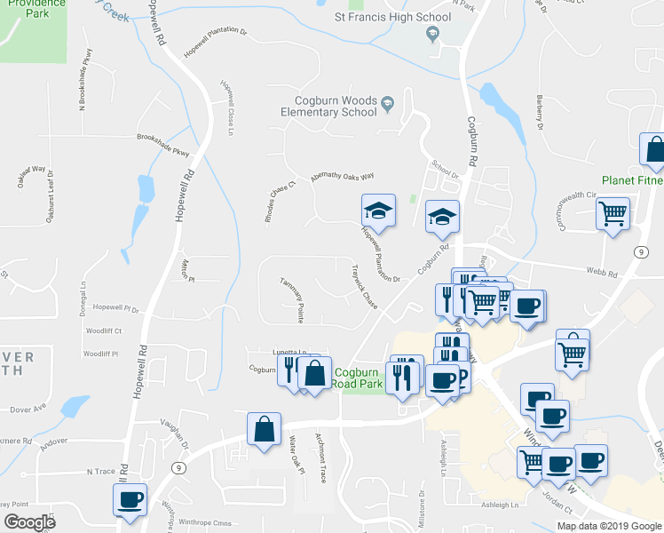 map of restaurants, bars, coffee shops, grocery stores, and more near 615 Christer Ct in Alpharetta