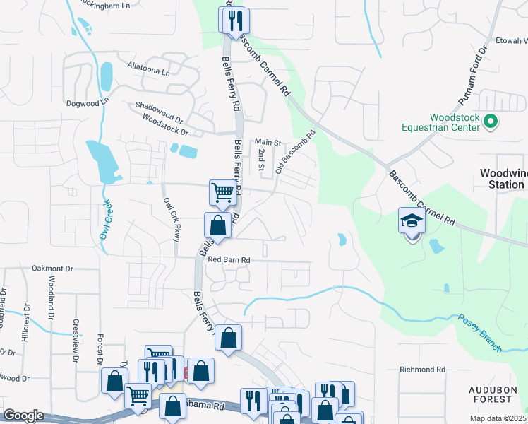 map of restaurants, bars, coffee shops, grocery stores, and more near 5880 Old Bascomb Road in Acworth
