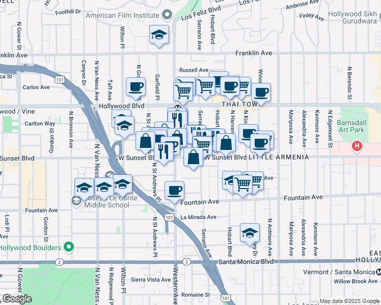 map of restaurants, bars, coffee shops, grocery stores, and more near 5408 Sunset Boulevard in Los Angeles