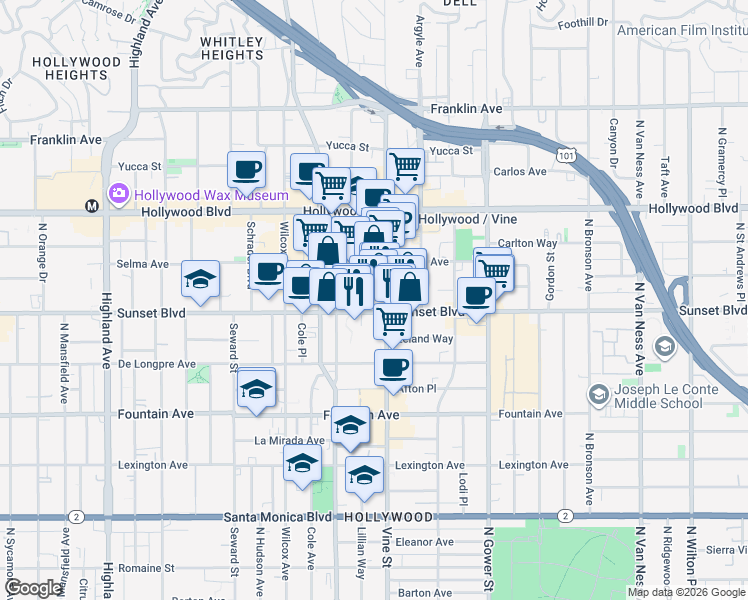 map of restaurants, bars, coffee shops, grocery stores, and more near 6330 Sunset Boulevard in Los Angeles