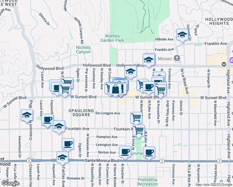 map of restaurants, bars, coffee shops, grocery stores, and more near 7564 Sunset Boulevard in Los Angeles