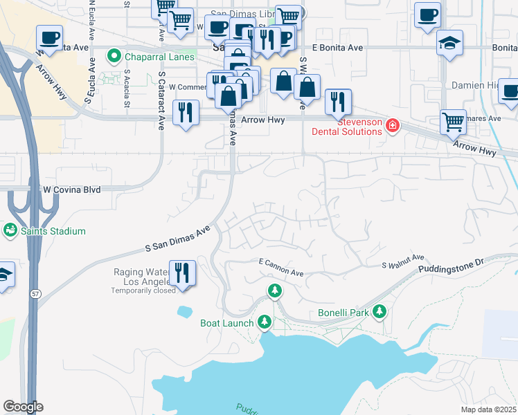 map of restaurants, bars, coffee shops, grocery stores, and more near 649 Cottonwood Lane in San Dimas