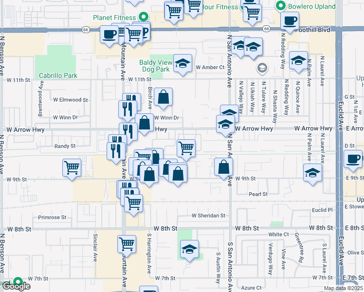 map of restaurants, bars, coffee shops, grocery stores, and more near 978 West Arrow Highway in Upland
