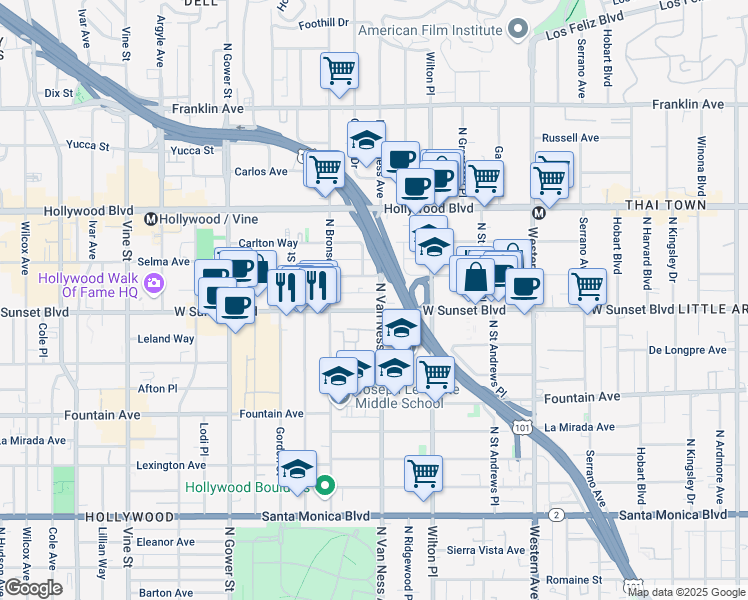 map of restaurants, bars, coffee shops, grocery stores, and more near in Los Angeles