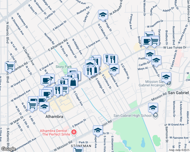 map of restaurants, bars, coffee shops, grocery stores, and more near 2 North Hidalgo Avenue in Alhambra