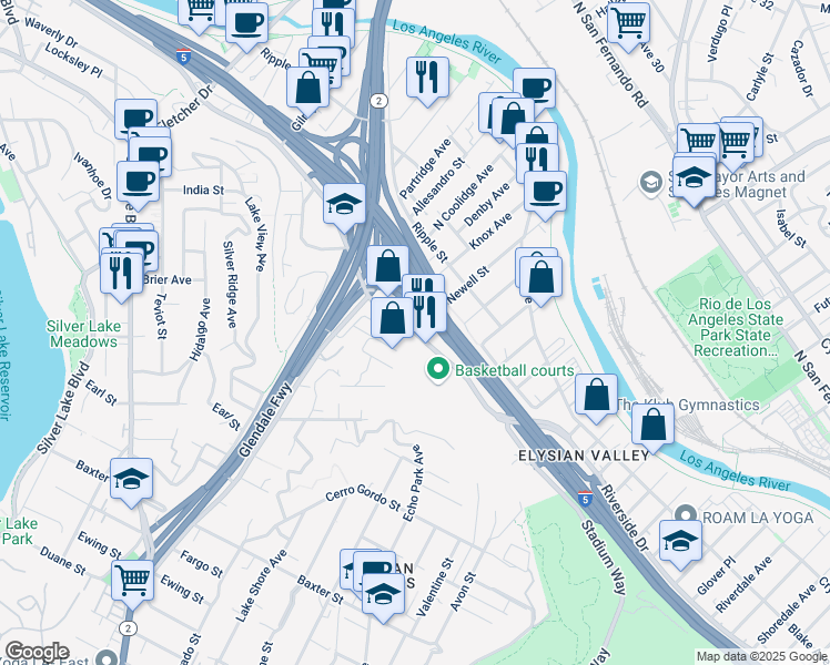 map of restaurants, bars, coffee shops, grocery stores, and more near Riverside Dr & Newell St in Los Angeles