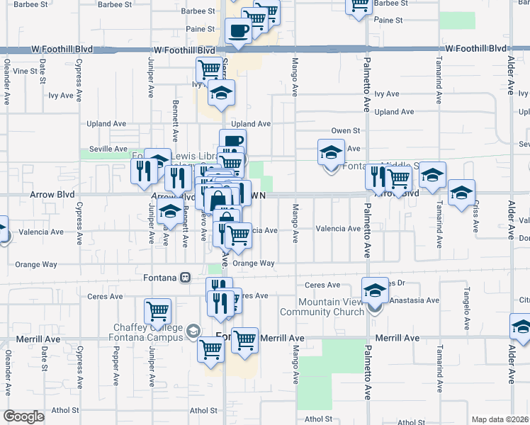 map of restaurants, bars, coffee shops, grocery stores, and more near 8566 Newport Avenue in Fontana