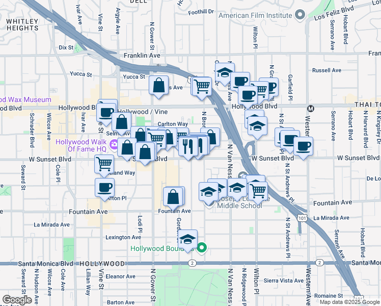 map of restaurants, bars, coffee shops, grocery stores, and more near in Los Angeles